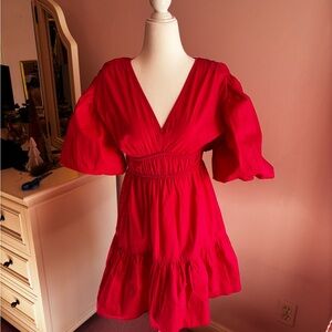 Puffy Sleeved Coral V-Neck Dress